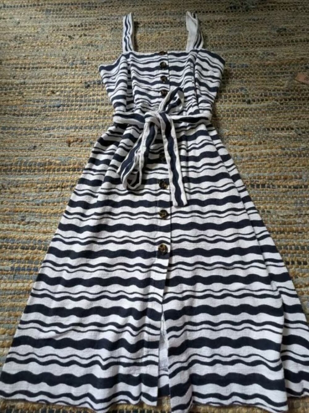 Ann Taylor Navy White Stripe Midi Dress S Button Front Tie Waist Beachy Coastal